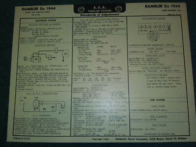 1964 RAMBLER AMERICAN 6CYL ENGINE MODELS A.E.A TUNE-UP CHART / ''L'' HEAD