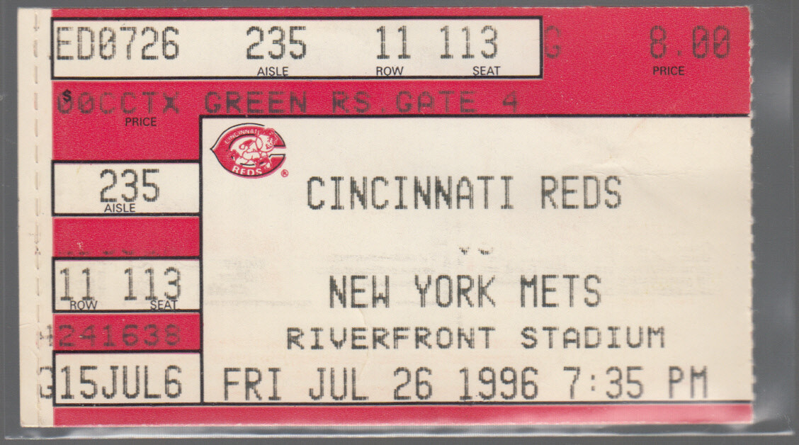 CINCINNATI REDS vs New York Mets 7/26/96 Ticket Stub Eric Davis