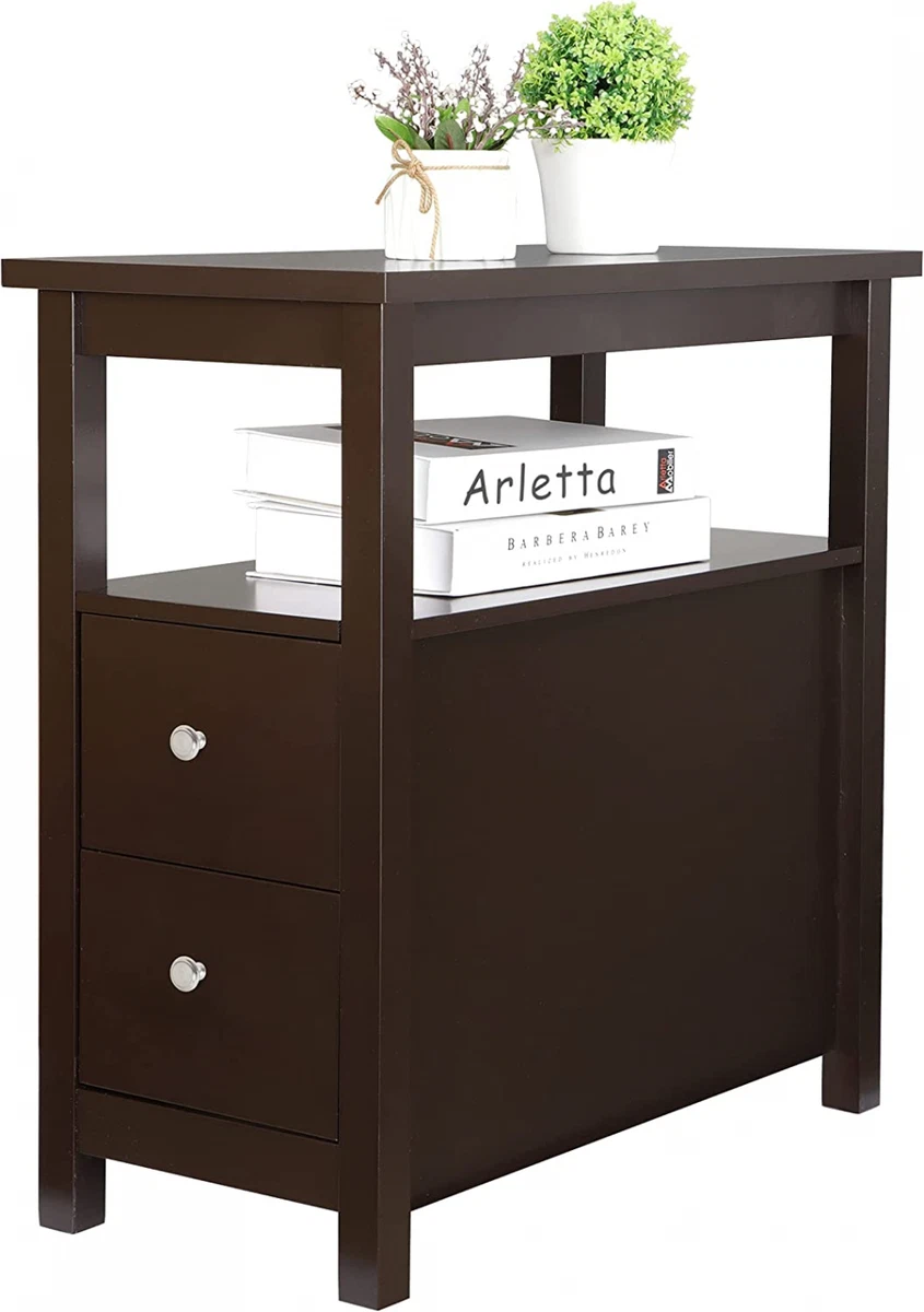 SUPER DEAL Narrow End Table Slim Sofa Side with 2 Drawer and Open