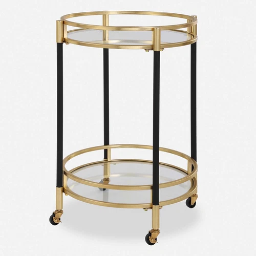Dolly Bar Cart Table Glass Shelves Gold Black Rolling Cart ~ Uttermost 24198 - Picture 1 of 7