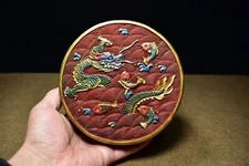 Chinese Vintage Lacquerware Box Painted Dragon And Fish Round Keepsake Box Art