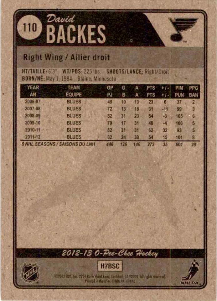 2012-13 O-Pee-Chee David Backes #110 - Image 2 of 2