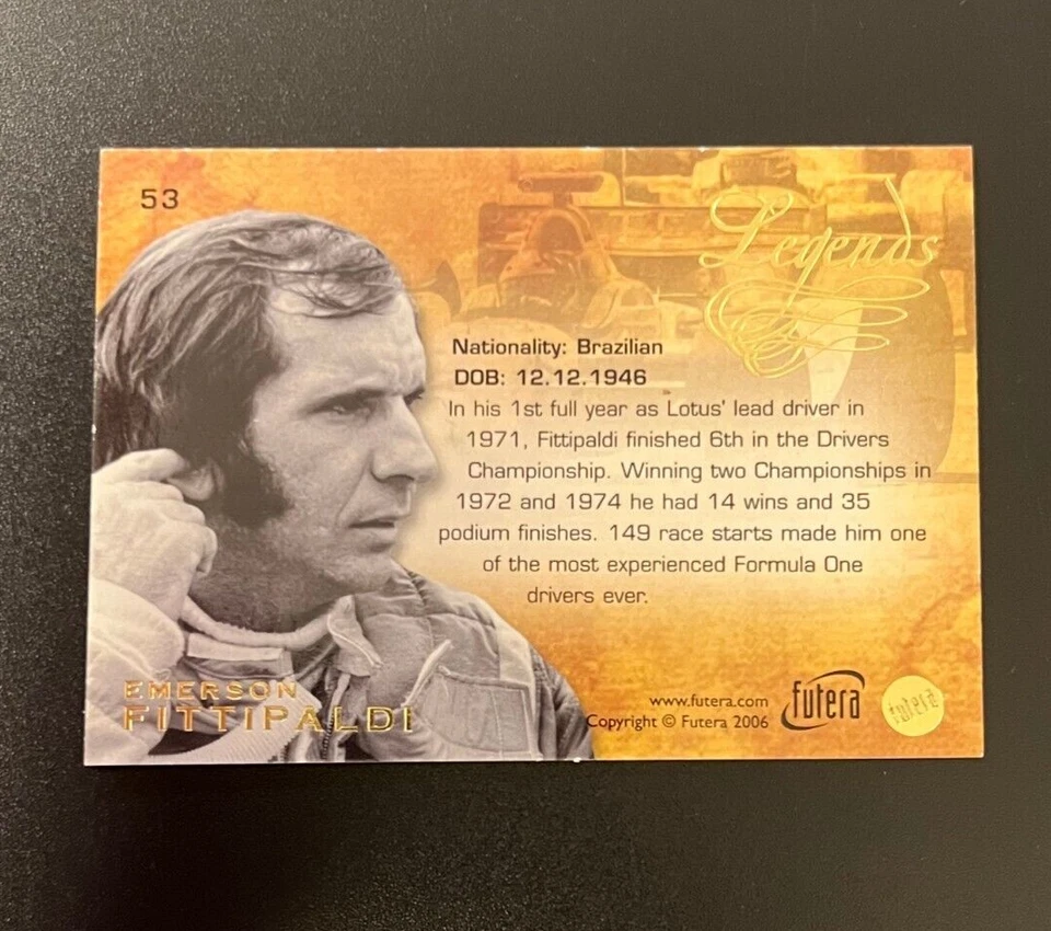 Emerson Fittipaldi 2006 Futera Grand Prix Unique F1 Legends Insert #53 Rare!! - image 2 of 2