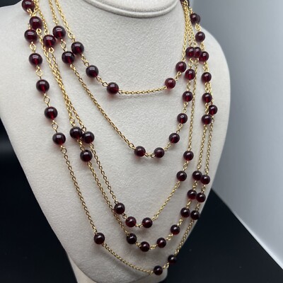 Signed Vintage Roberta Chiarella Red Luctic Bead Gold Tone  100  Long Necklace