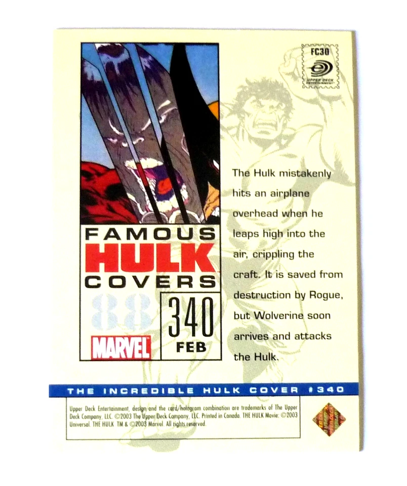 The Incredible Hulk #340 Famous Covers Trading Card FC30 (2003) Upper Deck - Image 2 of 2