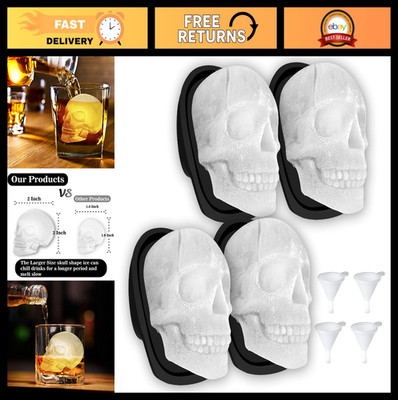 Extra Large 3D Skull Ice Cube Mold - Silicone Whiskey Ice Tray with Funnel (4 PC