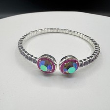 Silver Tone AB Crystal Open Cuff Bracelet Pink Enamel Statement Boho Gift Y2K