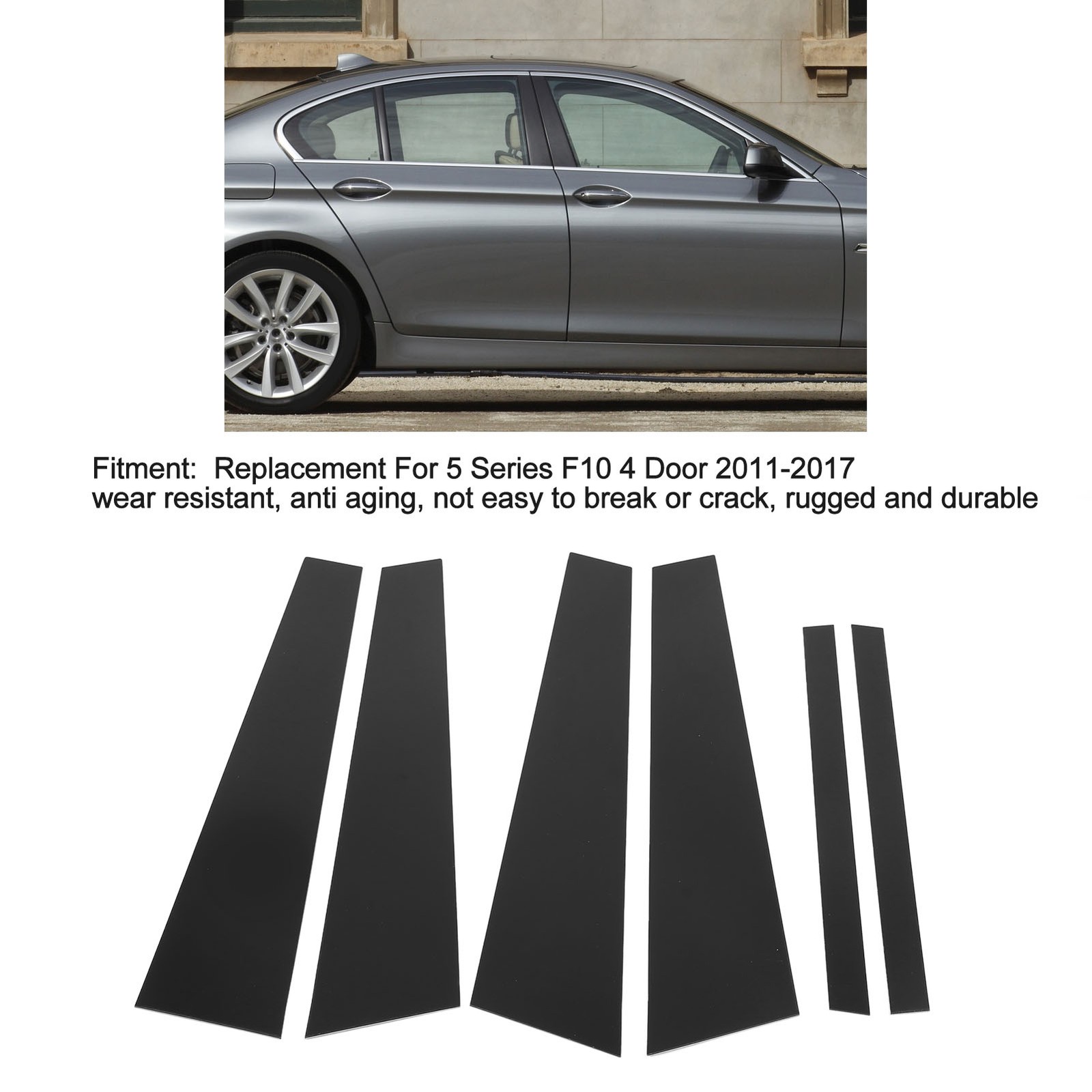 ⁺6Pcs Gloss Black Door Window B C Pillar Post Trim For 5 Series F10 4 Door