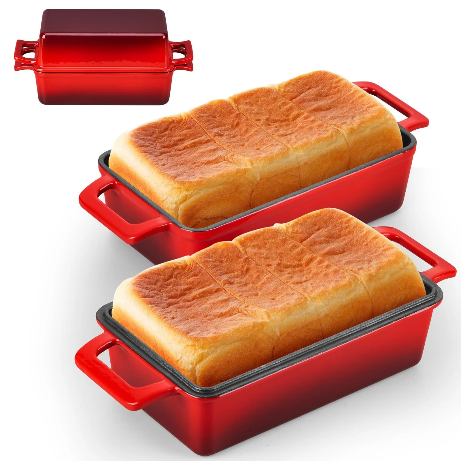 2 Pcs Cast Iron Bread Pan, 9x5 Inch Enameled Dutch Oven Loaf Pan with Lid, 2-...