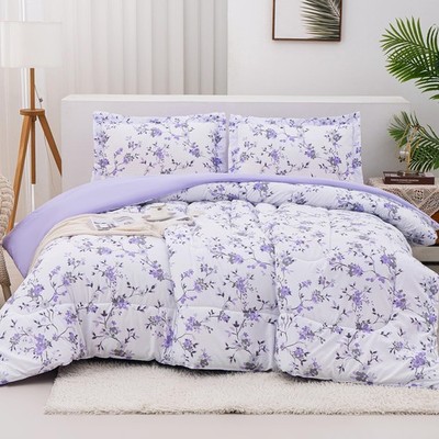 Floral Comforter Set Full Size, Purple Botanical Bedding, 3-Piece Reversible