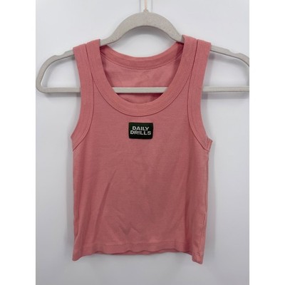 Daily Drills Ribbed Tank Top Womens XS/S Pink Logo Patch Sleeveless Scoop Neck
