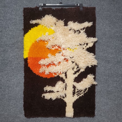Vintage 1970s Latch Hook Sunset Behind Tree Rug Wall Art Hanging BOHO Landscape