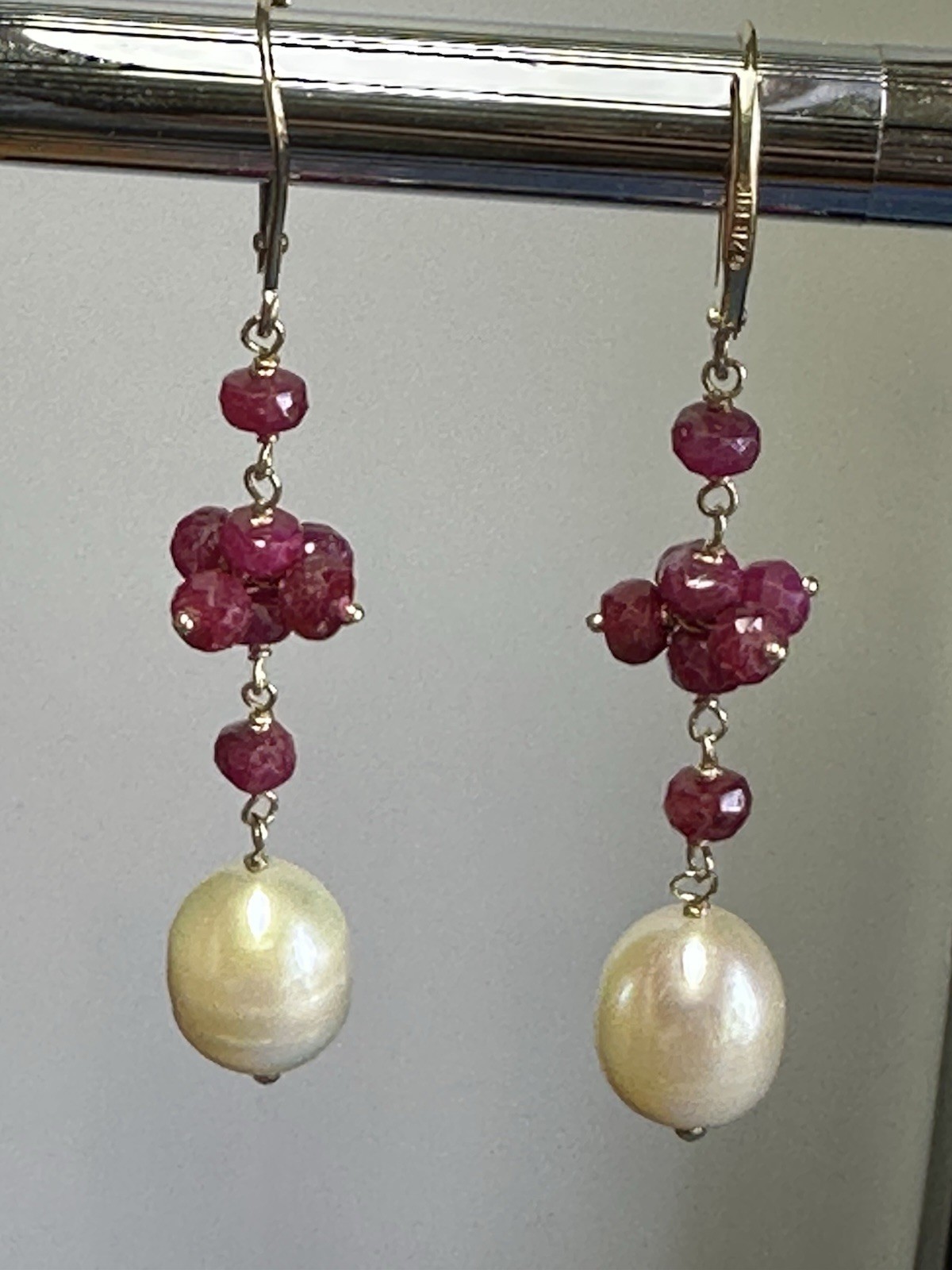 14K Solid Gold Leverback Earrings Dangle pearl Ru… - image 1