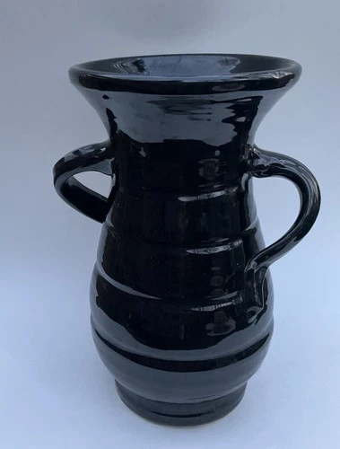 Vtg Bauer Pottery-Matt Carlton-Twist Handle-Hands on Hips-Black 10” Vase
