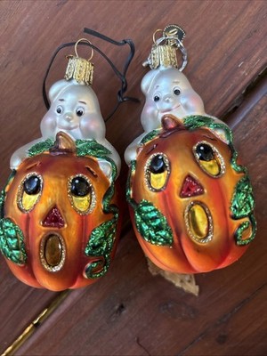 (2)Old World Christmas Pumpkin Ghost Halloween Blown Glass Ornament Vtg 2001