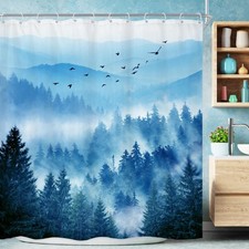 Navy Blue Shower Curtain，Mountain Nature Woodland Scenery，Park Scene View Nat...