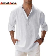 "Men's Cotton Linen Henley Shirt Long Sleeve Casual Beach Summer Top"