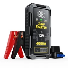 Car Battery Jump Starter with 4000A Peak Smart Clip LCD Display and 3 Modes F...
