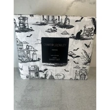 CYNTHIA ROWLEY Halloween Haunted Toile Black White Gothic QUEEN Sheet Set 4PC