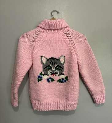 Vintage 50s 60s Hand Knit Cat Sweater Cowichan Style Sweater Size XS