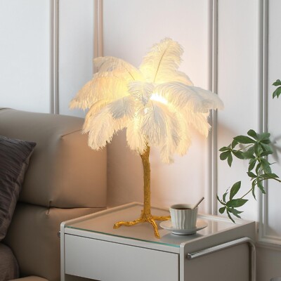 White Feather Lamp Ostrich Feather Table Lamp Modern Bedside Lamp for Princes...