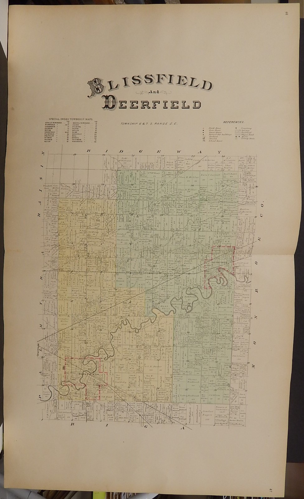 Michigan Lenawee County Map Blissfield & Deerfield Townships 1893 Dbl