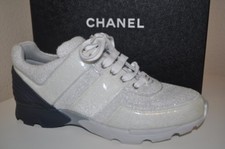 CHANEL 1000 17S Silver Terry Cloth CC Lace Up Sport Runner Trainer Sneaker 41.5