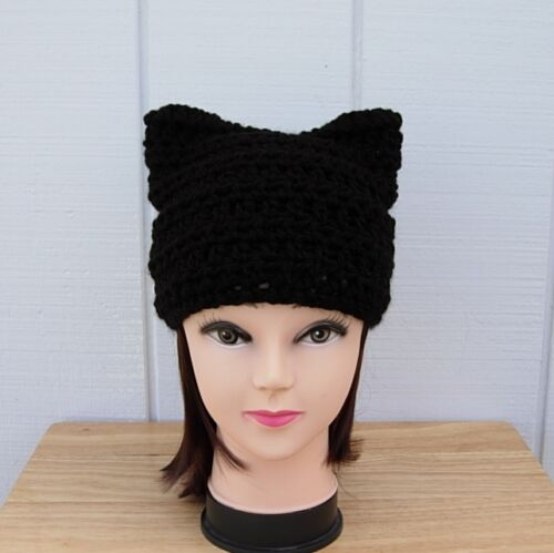 Solid Black Pussy Cat Hat, PussyHat, Soft Winter Crochet Knit Handmade Beanie