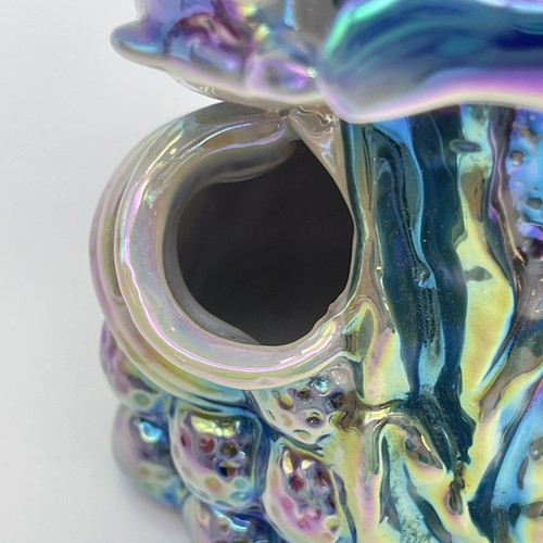 Iridescent Ceramic Figurine Dolphin Barrel Wheel Purple Blue Vintage - Picture 10 of 11