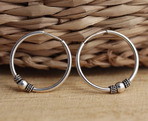 Solid 925 Sterling Silver Bali Style 18mm Hoop Sleeper Earrings - Picture 2 of 2