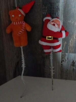 2- Vtg. Flocked  Christmas Ornament Santa/Bear Floral Picks  Decor A-57