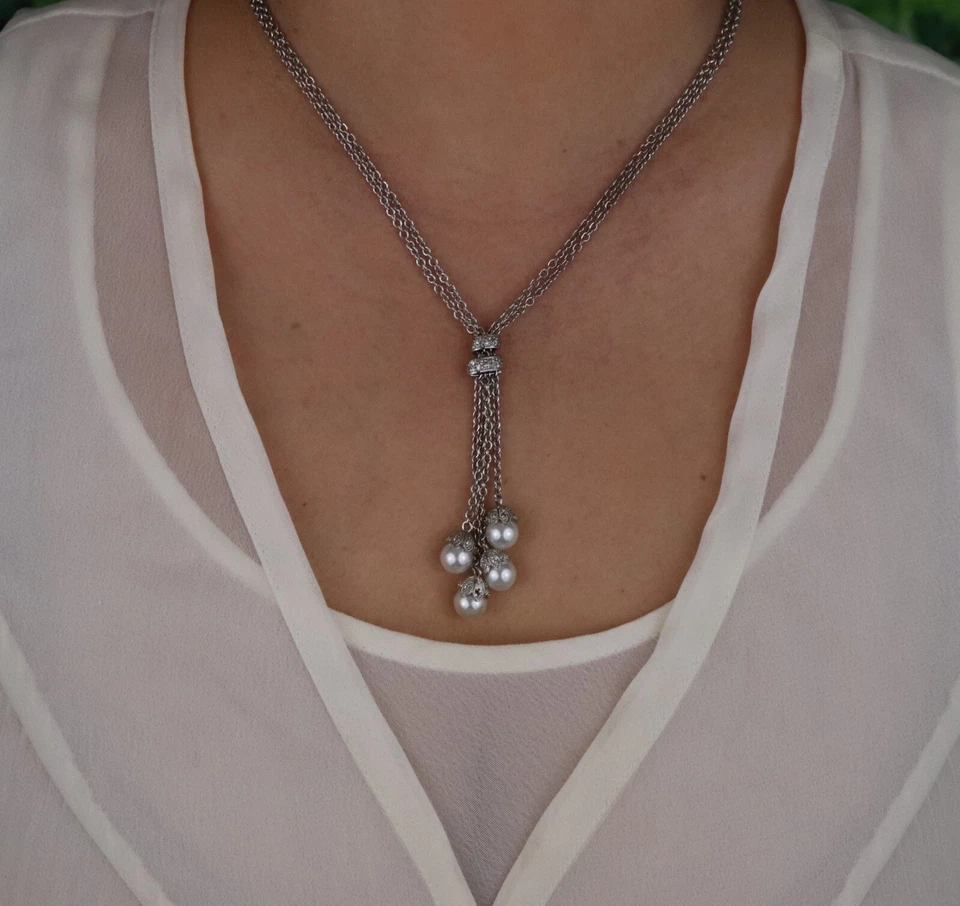 Collar de plata de ley de dos hilos de perlas Lariat de 16" a 18" Foto 4 de 4