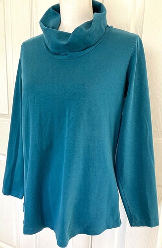 L.L. BEAN Women's L- Reg Cowl Turtleneck Top Shirt Cotton Teal - Picture 2 of 9