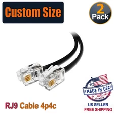 (2 Pack) Black RJ9 4P4C Straight or Reverse Cable. Custom Size From 2" - 10ft