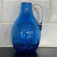 Vintage Handblown Blue Crackle Glass Pitcher Jug W/ Applied Clear Handle 5 1/2"