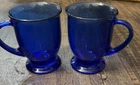 2 Anchor Hocking Cobalt Blue Glass Footed Coffee Mug 16 oz Large USA Vintage