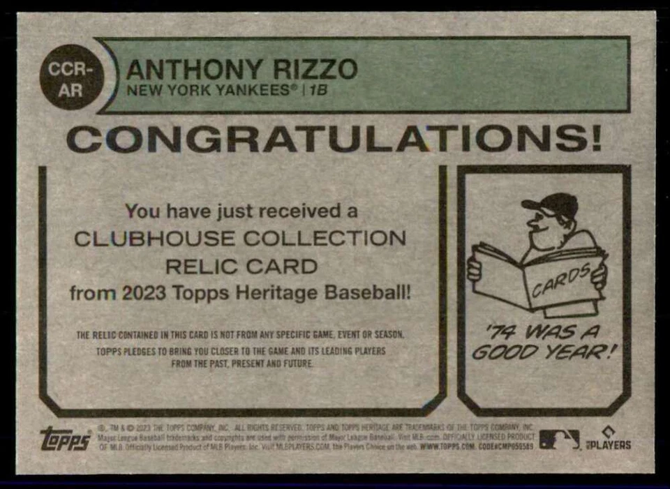 2023 Topps Heritage Clubhouse Collection Relic #CCR-AR Anthony Rizzo  Yankees - Image 2 of 2