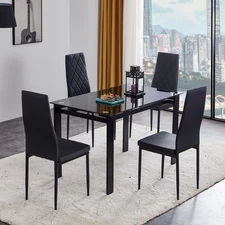 5Pcs Dining Table Set Kitchen Room Dining Table & 4 Leather Chairs Black New US