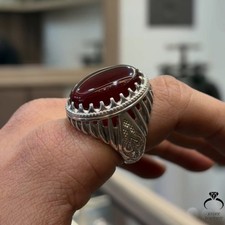 Brilliant Red Aqeeq Ring 925 Sterling Silver Yemeni Agate Jewelry