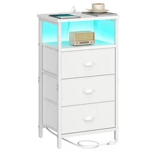 Nightstand with Charging Station,LED White Nightstand with 3 Fabric Drawers P...
