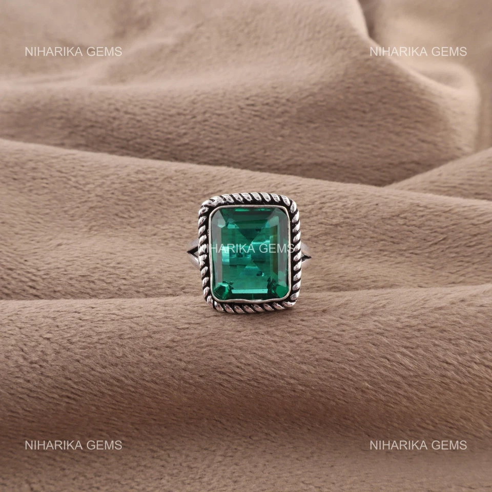 Anillo solitario de plata esterlina 925 rectangular piedra esmeralda verde esposa joyería Foto 4 de 4