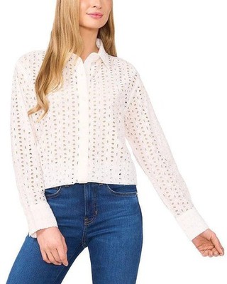 CeCe Eyelet Button Down Blouse White Size M NWT Lightweight Casual Top $89