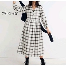 Madewell Plaid Button-Front Midi Dress Cream Black Blue Cotton 8 Cottagecore