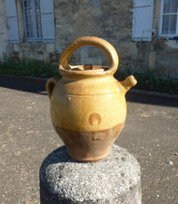 Antique Rare French 18th c Half Drip Yellow Glazed Lidded Jug Confit Pot