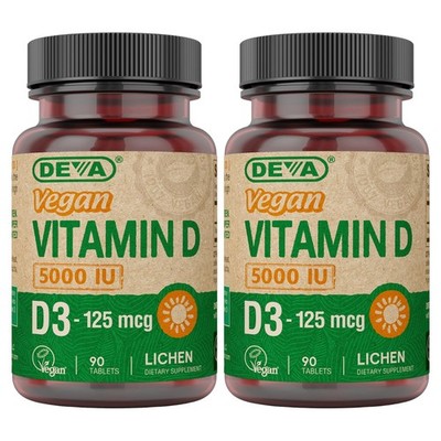 DEVA Vegan Vitamin D3 5000 IU (125mcg) Supplement - 2x 90-Count Lichen Source