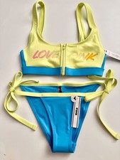 PINK Victoria's Secret Swim Bikini Set Love Logo Zip Top  Tie Cheeky Blue XS