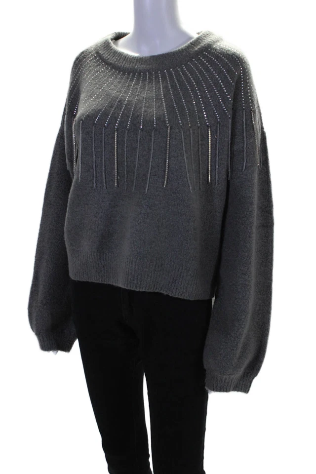 Aqua 女式几何纹理流苏串珠长袖毛衣灰色 M 码 — 第 2/4 张图片