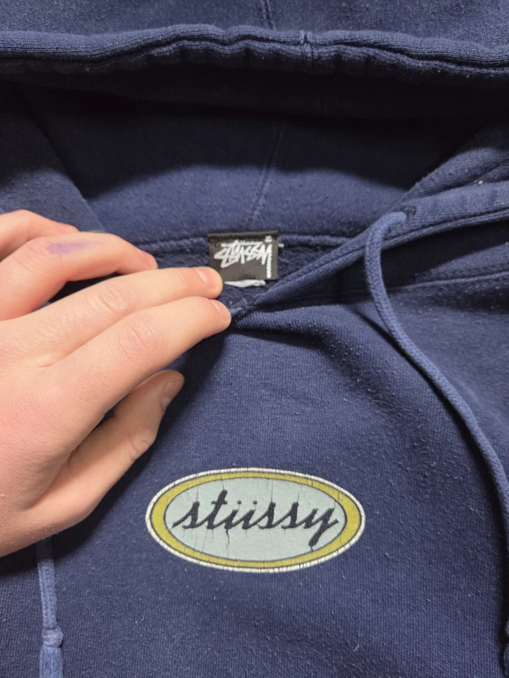 Sudadera con Capucha Stussy De Colección Para Hombre Grande Azul Marino Años 80 Logo Cursivo Doble Cara Raro Grial Foto 3 de 4