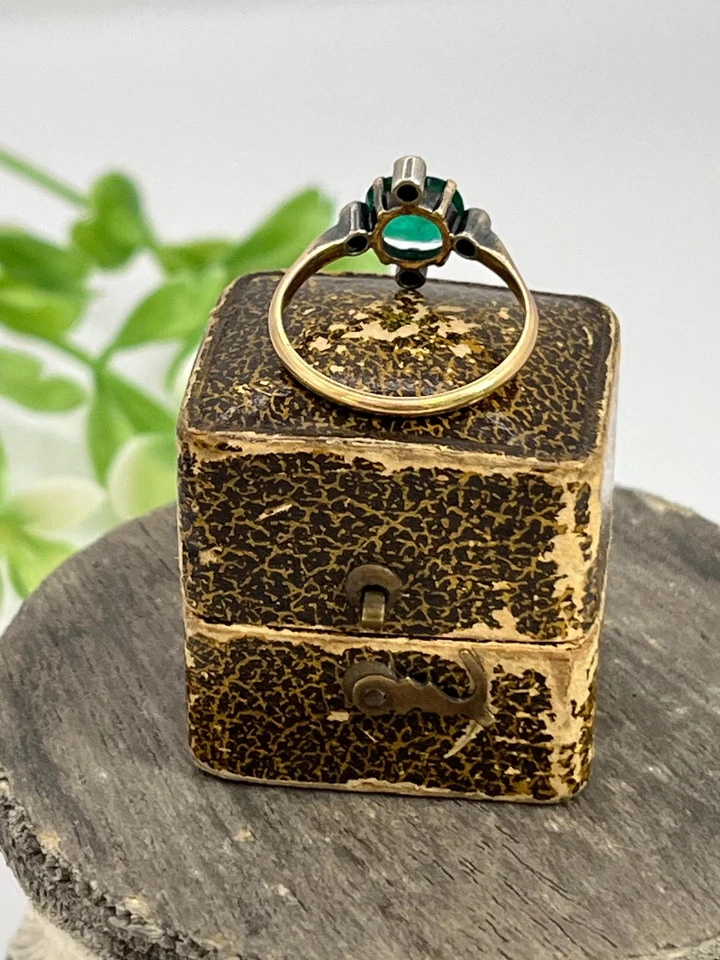 Antiguo anillo de oro amarillo de 1,8 quilates, plata victoriana esmeralda y diamantes rosas, Foto 3 de 4