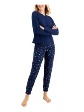 JENNI Womens Navy Textured Long Sleeve T-Shirt Top Cuffed Pants Pajamas XS
